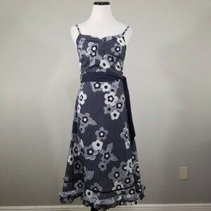 Neslay Paris S Dress Blue White Floral Fit Flare Sleeveless Ruffle Anthropologie